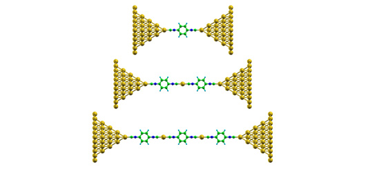 Chains of 1,4-benzenediisocyanate are formed between nanometer-thin gold tips, alternating with individual gold atoms.